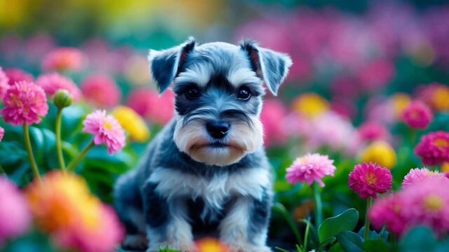 Close-up of a fluffy gray miniature schnauzer dog sitting among vibrant pink and yellow flowers in a lush outdoor garden setting captured in soft natural light with a shallow depth of field
