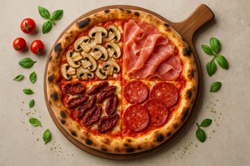 Four-flavor pizza concept with mushrooms, prosciutto, salami, and sun-dried tomatoes on wooden board and basil leaves on beige stone background. Ai generative