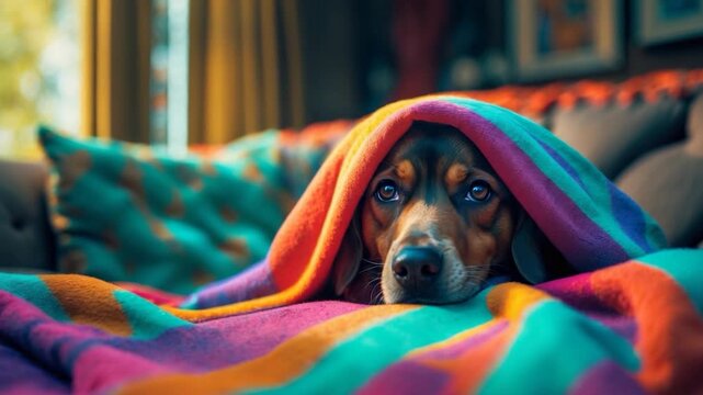 Close-up of a beagle dog peeking out from under a colorful striped blanket in a cozy living room with soft natural light streaming through the window and a warm patterned sofa in the background