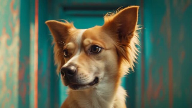 Close-up shots of a fluffy tan dog with alert expression featuring gradual changes in facial expression against a bright turquoise patterned background with soft studio lighting