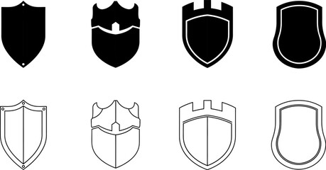 Collection of eight black shield badge icons in a grid layout