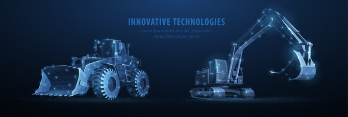 Loader and excavator. Abstract 3d heavy loader and excavator. Low pole. Construction machinery equipment, earth building bulldozer, earthmoving machine technology, industrial construction concept

