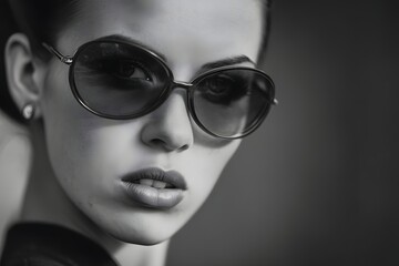Monochrome portrait of an elegant woman with sunglasses looking at the camera