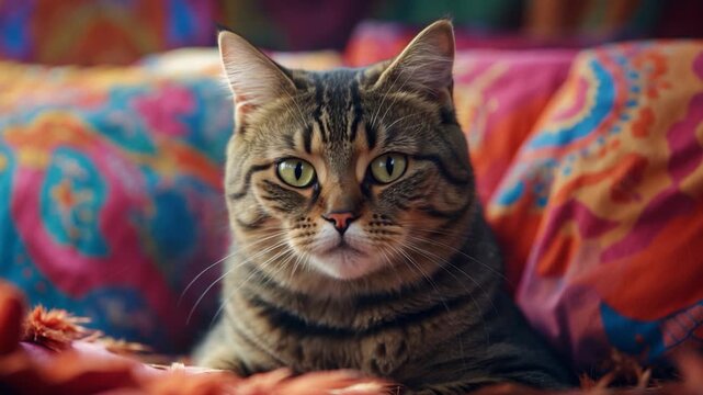 Close-up of tabby cat with striking green eyes resting on colorful patterned cushions in a cozy indoor setting showcasing vibrant colors soft lighting and textured fabrics throughout the clip.