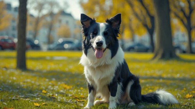 Close-up of a playful black and white border collie sitting on vibrant green grass with autumn leaves bright natural light illuminating its fur and lively expression cheerful and attentive in an