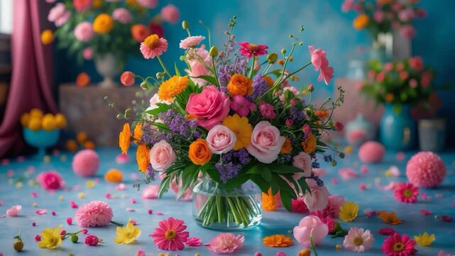 Vibrant floral arrangement with pink and orange roses yellow ranunculus and purple fillers in a clear glass vase surrounded by colorful petals on a pastel blue surface with soft natural lighting