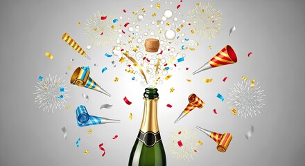 Exciting moment of triumph as a champagne bottle bursts forth, showering vibrant confetti and party favors in a dazzling display of festive joy