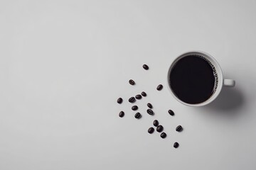 Simple white cup of black coffee with scattered coffee beans on clean white background