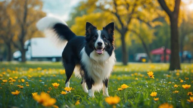 Playful black and white border collie dog joyfully running and posing in a sunlit park surrounded by vibrant yellow flowers and lush green grass with blurred trees and soft natural light creating a