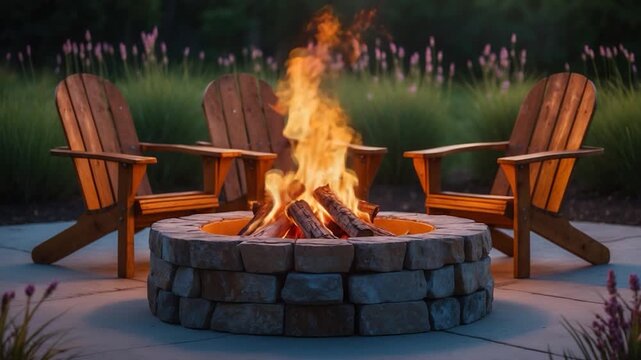 Vibrant fire crackling in a stone fire pit surrounded by wooden Adirondack chairs with tall grass and pink flowers in the background captured in warm evening light creating striking shadows and