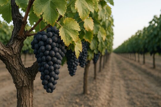 Close-up of ripe black grapes on vine in vineyard during harvest season, with rows of grapevines receding into the background in soft natural light. Ai generative