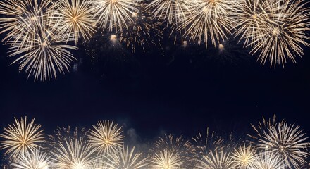 Spectacular golden fireworks burst across a dark night sky, creating a vibrant frame with ample copy space for festive messages and grand celebrations