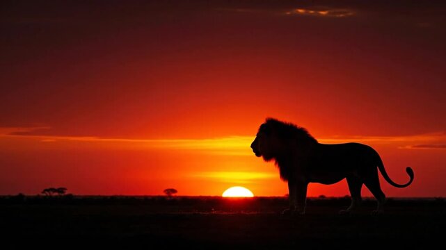 Majestic Lion Silhouette at Fiery Sunset in African Savanna Wildlife Serenity