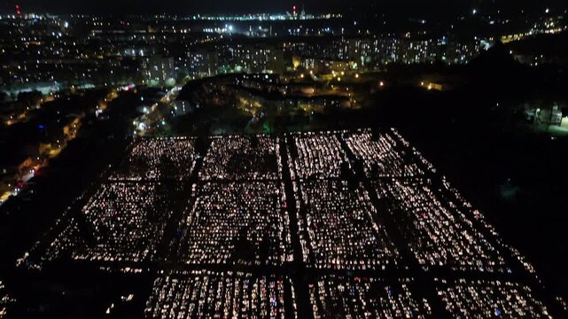 Top view of the Saint Joseph Cemetery in Częstochowa at night on All Saints' Day, All Saints' Day, November 1st
