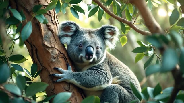 Close-up of a koala perched on a tree branch surrounded by green leaves showing various perspectives as it shifts position and gazes around in soft natural light highlighting its fluffy gray fur and