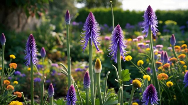 Close-up view of tall purple flowering plants with detailed textures rising above colorful yellow and purple blooms in a lush garden setting under soft natural light during daytime