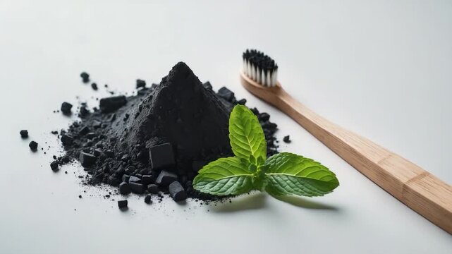 Close-up of black charcoal powder shaped like a mound with a wooden toothbrush and green mint leaves on a minimalistic white background showcasing dental hygiene products in soft natural light