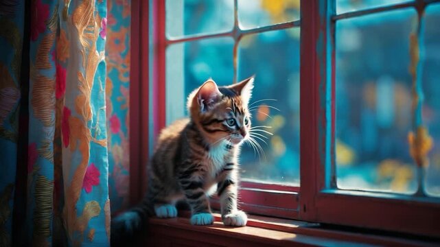 Curious tabby cat gazing out of a sunlit window framed by colorful curtains showcasing vibrant patterns relaxing indoors with soft light illuminating the fur and contrasting textures against the