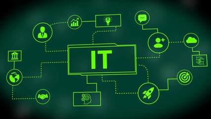 Information Technology IT flowchart with neon green icons for business and technology concepts diagram