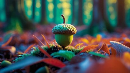 Close-up of a vibrant green acorn surrounded by colorful autumn leaves on a forest floor illuminated by soft warm sunlight as the scene transitions from morning to evening light throughout the video
