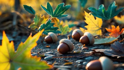 Close-up view of acorns resting on a textured ground surrounded by vibrant autumn leaves in warm natural light showcasing seasonal colors and textures in a serene outdoor setting