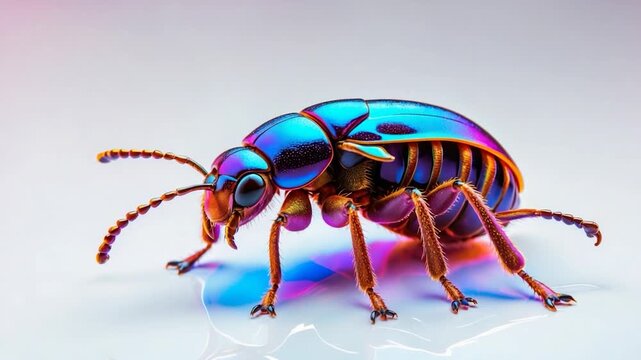 Vibrantly colored iridescent beetle with shiny carapace and detailed textures moving across a smooth surface illuminated under bright light with soft reflections showcasing its intricate patterns and