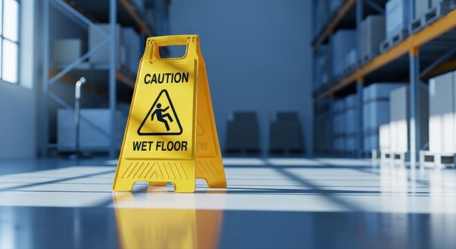 Yellow caution wet floor sign stands prominently on a polished surface, alerting workers to potential hazard within a modern, blue-toned warehouse environment