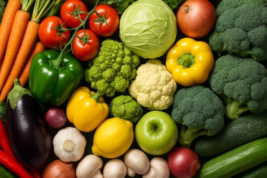Assorted colorful fresh vegetables and fruits arranged tightly together on dark background, promoting healthy eating and organic food concept. Ai generative