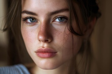Fototapeta premium Close up portrait of a woman with freckles and blue eyes looking at the camera