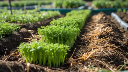 Lush green rows of young carrot plants growing in a garden bed showcasing vibrant foliage with soft natural light illuminating the rich brown soil and straw lining the paths between evenly spaced