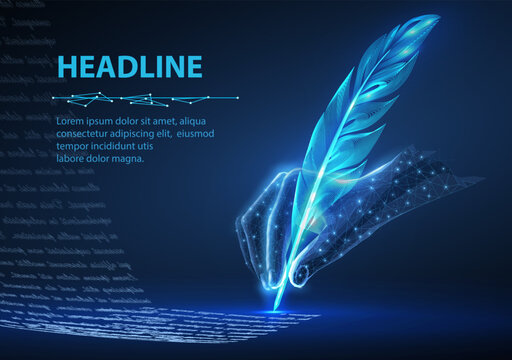 Feather in digital hand. Automatic text generator, AI writing, artificial intelligence copywriter, digital letter, chatgpt storytelling, art technology, electronic signature concept

