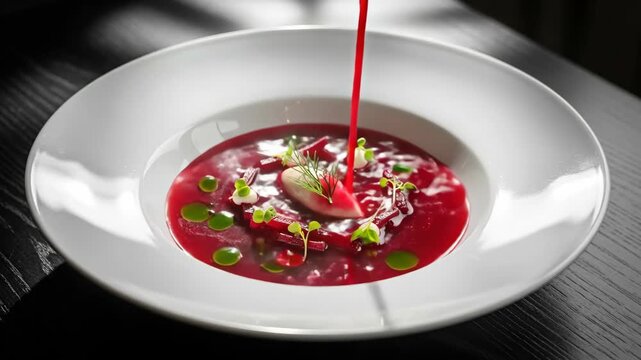 Elegant beetroot soup preparation with garnish in fine dining setting