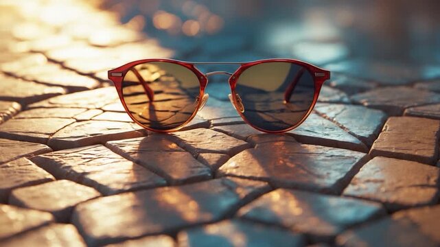 Close-up of stylish round sunglasses with reflective lenses resting on textured cobblestone surface illuminated by warm sunset light showcasing vibrant colors and intricate patterns in the background.