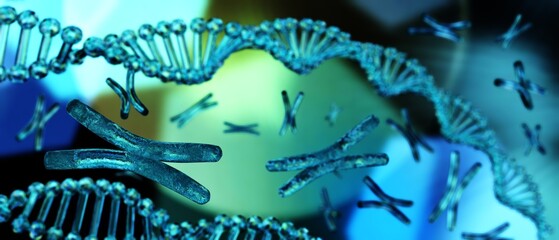 X chromosome against the background of DNA. Chromosomes and DNA.
3D rendering