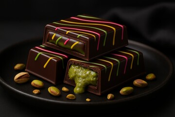 Delicious chocolate bars with colorful stripes and pistachio filling on black plate, surrounded by pistachio nuts, concept of gourmet food indulgence. Ai generative