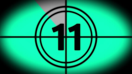 Vintage film countdown timer showing the number eleven on a teal green background with vignette effect