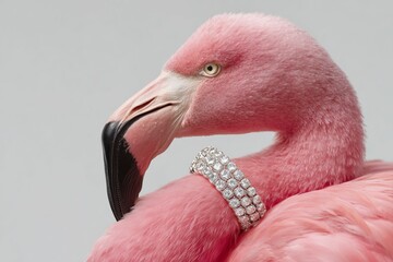 A striking pink flamingo elegantly poses with a dazzling diamond bracelet, highlighting fashion and luxury in wildlife.
