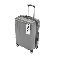 Gray suitcase with a tag that says Journey. isolated illustration on  transparent background PNG
