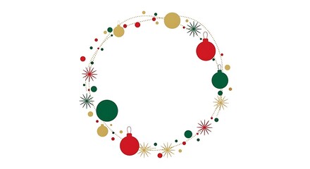 A christmas wreath with ornaments, stars, and dots in red, green, and gold on a white background