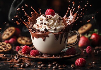 White mug of hot chocolate with dramatic whipped cream and raspberry splash, surrounded by fresh berries and cookies