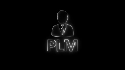 White Neon Outline Icon of a Person with Tie and PLM Text on Black Background product lifecycle management