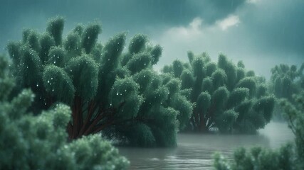 Lush green foliage of trees swaying gently in the rain surrounded by rising floodwater under dark cloudy skies capturing vivid details of textured leaves and rain droplets creating a serene natural