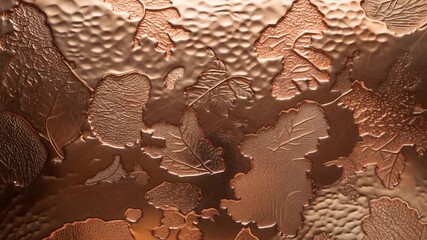 Close-up of an intricate embossed copper surface featuring various leaf patterns with a textured finish showcasing fine details in soft warm light representing artistry and craftsmanship in design.
