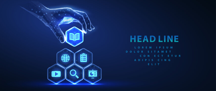 Digital hand make pyramid of hex blocks with educational icons. Online education, virtual teacher, AI assistant, resource management, educational innovation, training technology, curriculum concept.

