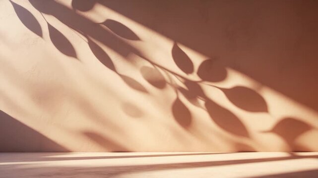 Soft shadows of leaves casting intricate patterns on a smooth warm-toned wall in an interior setting illuminated by soft natural light creating a serene and minimalist environment