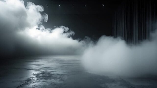 Dynamic swirling fog enveloping a smooth concrete floor in an indoor studio setting with soft light and high-contrast shadows creating an atmospheric visual backdrop throughout the video transition
