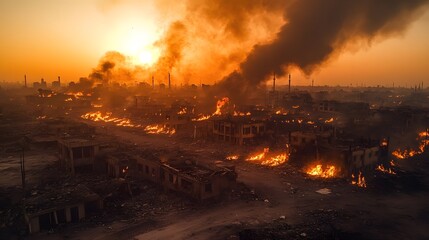 Devastation and destruction from widespread fires engulfing an abandoned city at sunset