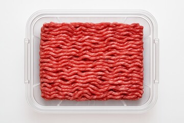 Freshly packed raw ground beef in clear plastic container isolated on white background, top view, showing organized meat texture pattern concept. Ai generative