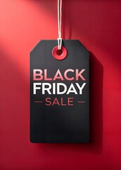 Exciting Black Friday sale promotion hanging from a tag against a vibrant red backdrop, perfect for retail marketing and seasonal shopping campaigns