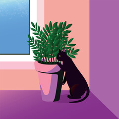 The cat climbs into the pot. The plant is in the pot. The plant is for the house.